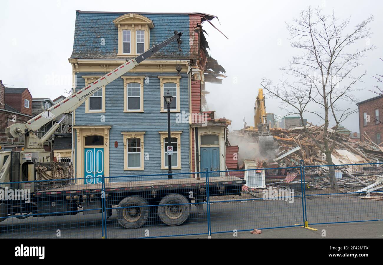 Saint John, New Brunswick, Canada - April 8, 2017: The historic 'jellybean' houses are demolished. These houses survived the Great Fire of 1877. Stock Photo