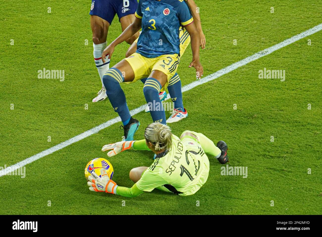 Orlando, Florida, USA, January 22, 2021, Colombia Goalkeeper Sepulveda, Sandra #12 makes a save during the match against Colombia.  (Photo Credit:  Marty Jean-Louis) Stock Photo