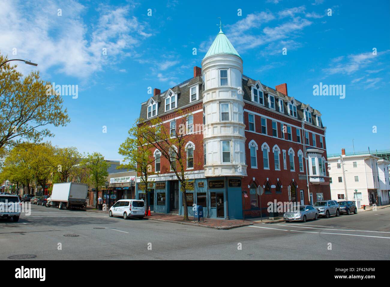 Historic commercial buildings on Broadway at 2nd Street at Winnisimmet