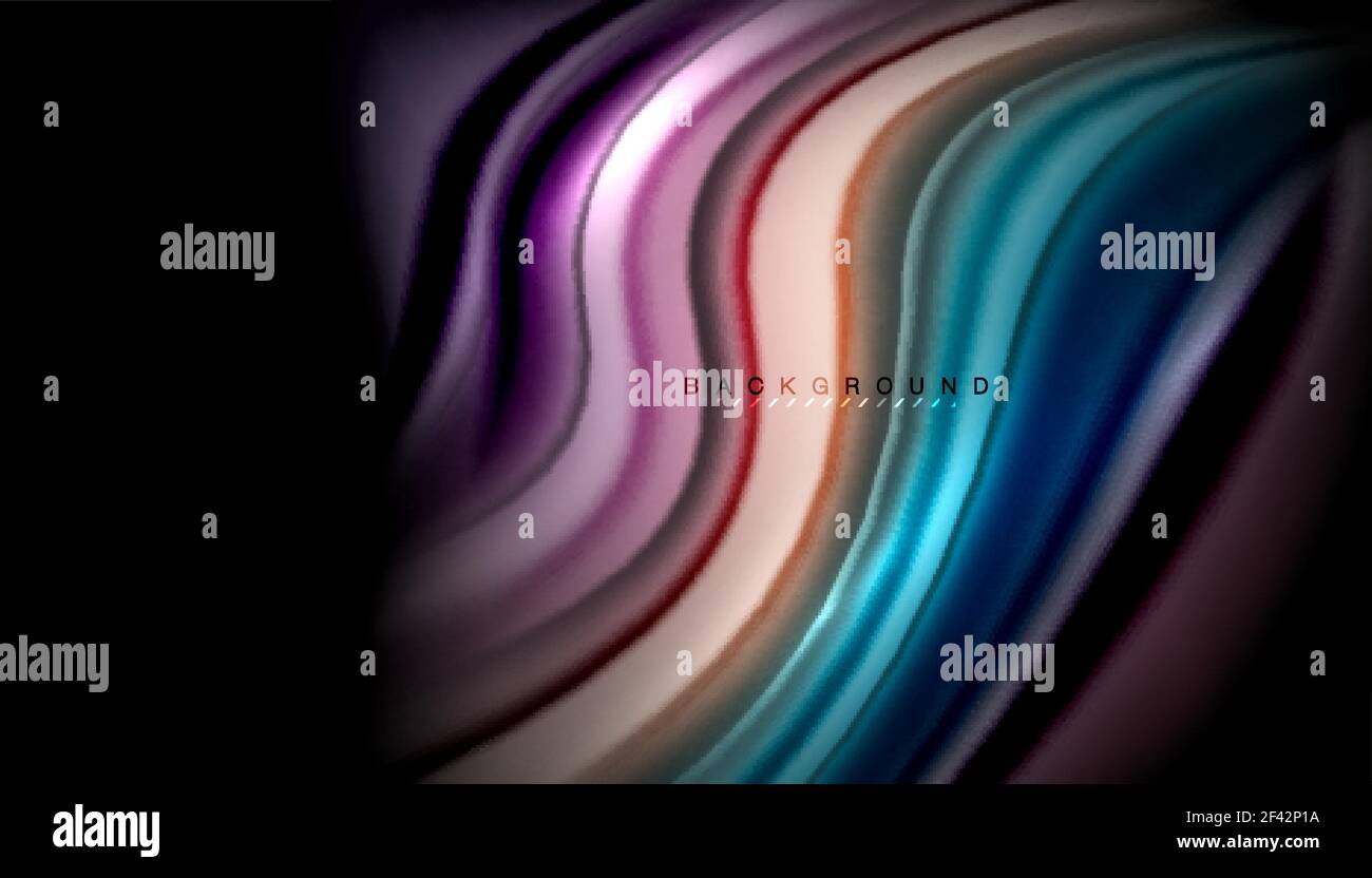 Fluid wavy multicolored lines on black. Fluid wavy multicolored lines on black, vector background, dynamic motion pattern Stock Vector