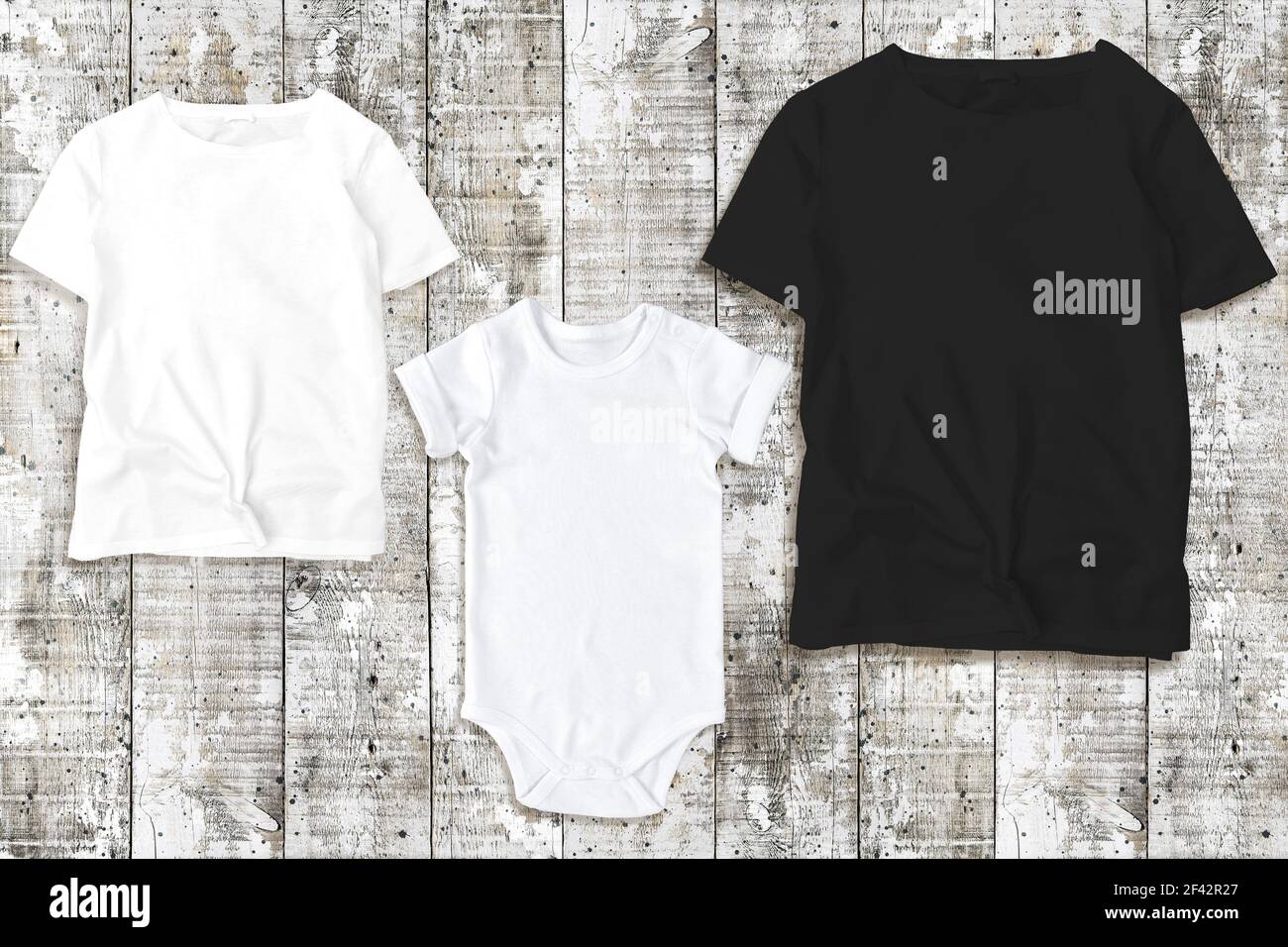 T-shirt mock up Shirt mockup man woman baby bodysuit Stock Photo