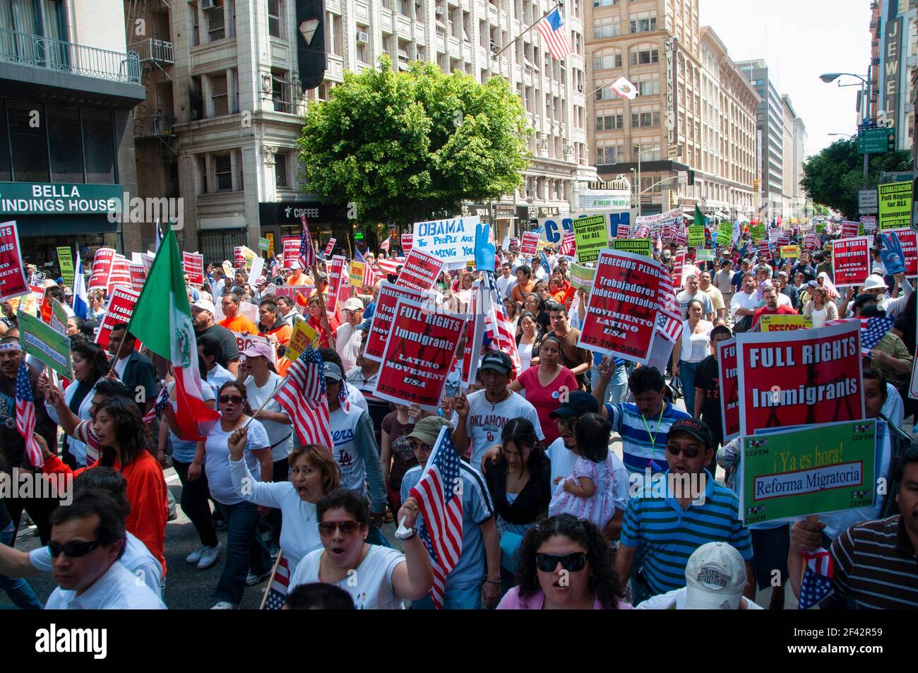 A crowd marches during an immigration rights protest in Downtown Los Angeles in 2009. Stock Photo