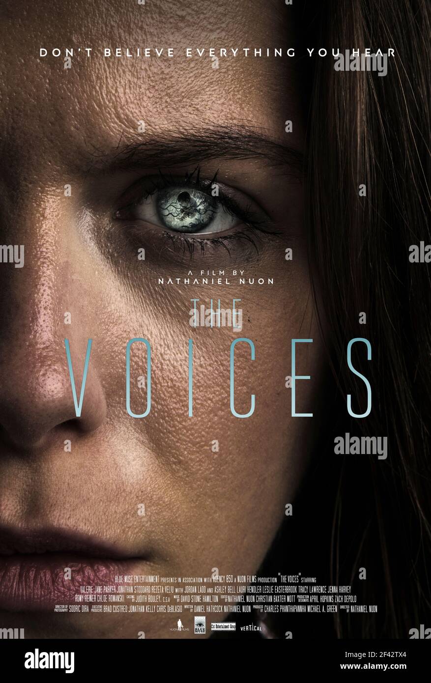 Voices  (2020) directed by Nathaniel Nuon and starring Ashley Bell, Jordan Ladd and Leslie Easterbrook. After surviving a car accident Lilly is left blinded and starts to heat voices from beyond the grave. Stock Photo