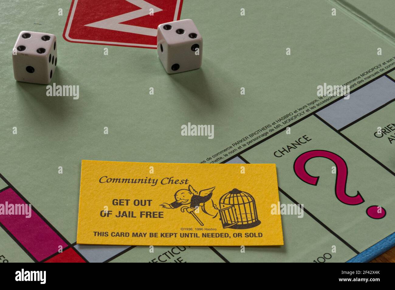 Monopoly board showing Get Out of Jail Free card along with dice Stock Photo