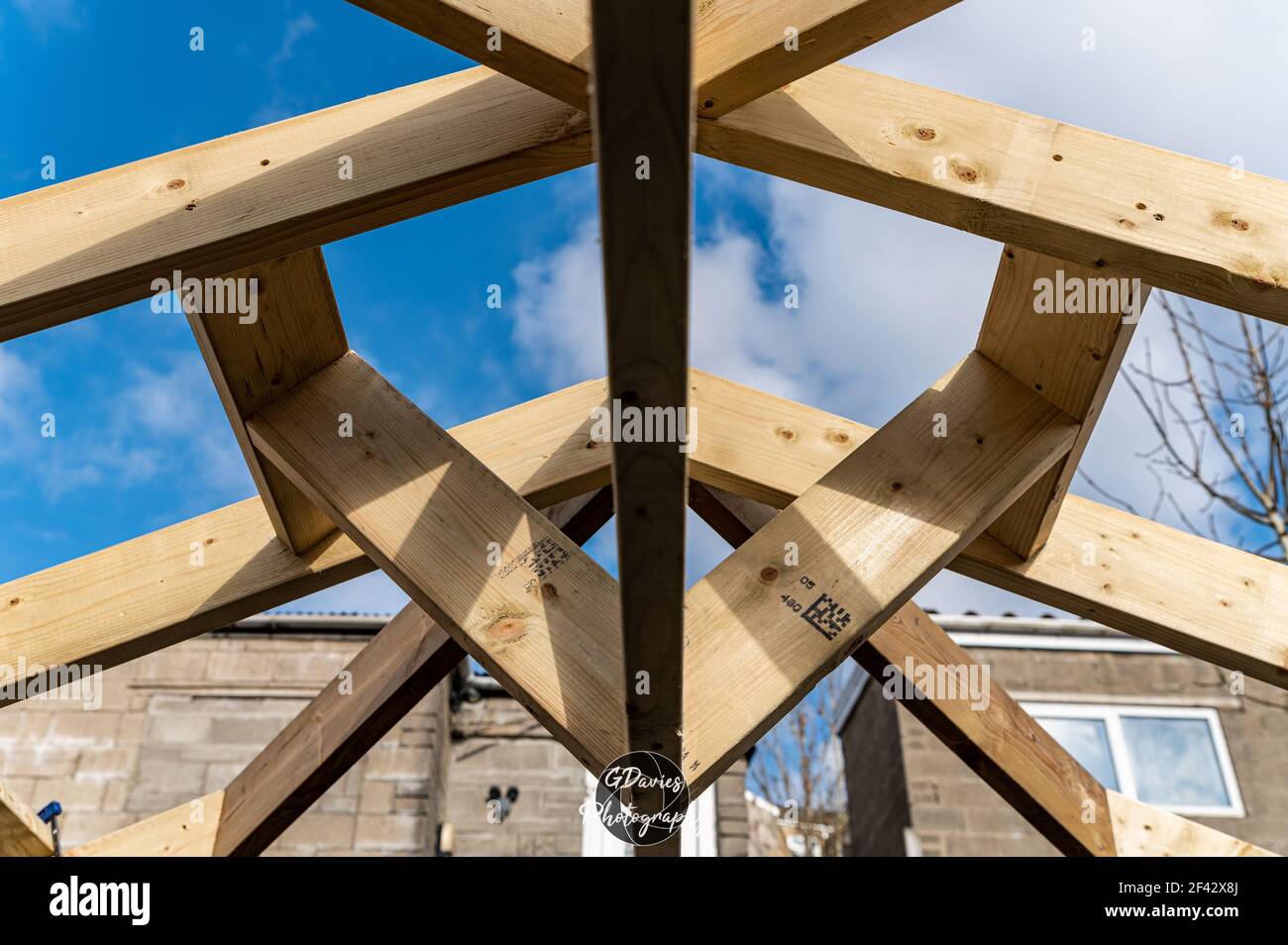 Close up of gazebo roof construction in progress at home. diy concept. Stock Photo