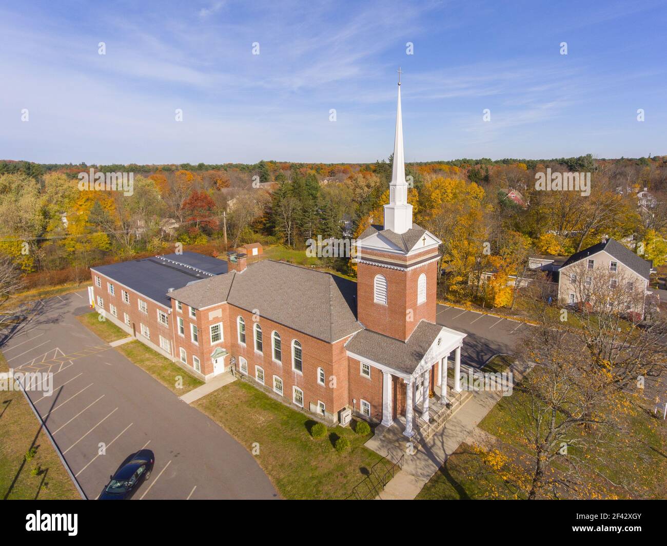 Tewksbury Congregational Church aerial view in historic town center in