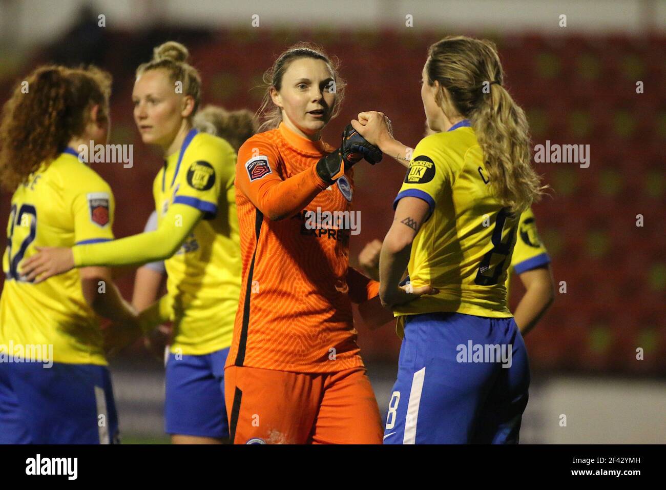 Megan Walsh (#1 Brighton & Hove Albion) and Megan Connolly (#8 Brighton & Hove Albion) after the FA Womens Super League 1 game between Aston Villa and Brighton & Hove Albion at Bescot Stadium in Walsall. Stock Photo