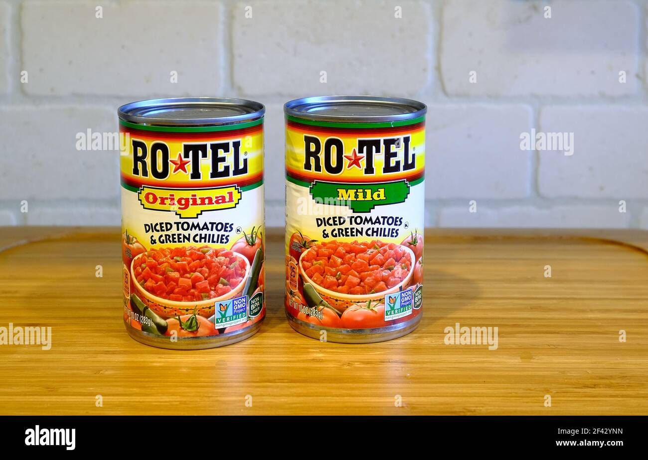 Two Cans of Ro-Tel Diced Tomatoes and Green Chilies Stock Photo