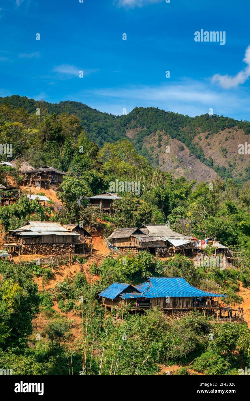 Remote village of Eng tribe in mountains near Kengtung, Myanmar Stock Photo