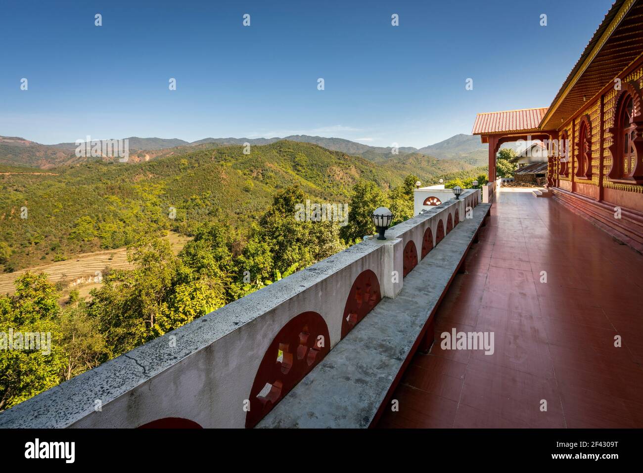 Scenic view of mountains from terrace of Dhart Zom Doi Kabar Aye Pagoda near Kengtung, Myanmar Stock Photo