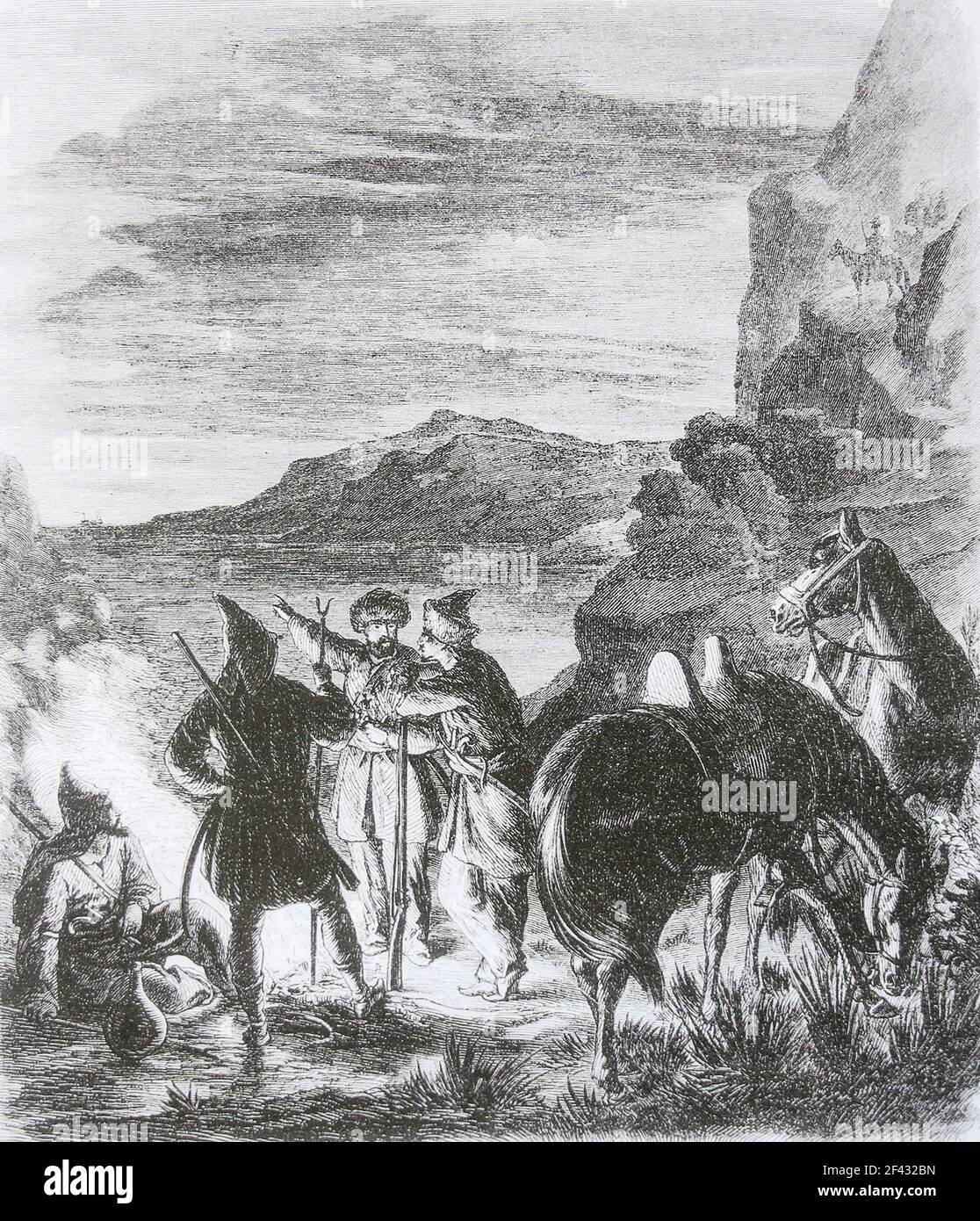 Halt of the Circassians near Sukhum-Kale. Engraving of 1854. Stock Photo
