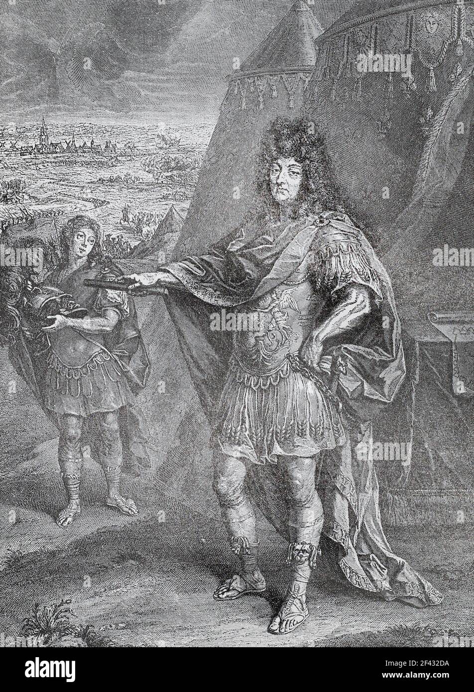 King of France Louis XIV. Engraving of 1694. Louis XIV (Louis Dieudonné; 5 September 1638 – 1 September 1715), also known as Louis the Great (Louis le Grand) or the Sun King (le Roi Soleil), was King of France from 14 May 1643 until his death in 1715. His reign of 72 years and 110 days is the longest recorded of any monarch of a sovereign country in European history. Louis XIV's France was emblematic of the age of absolutism in Europe. Stock Photo