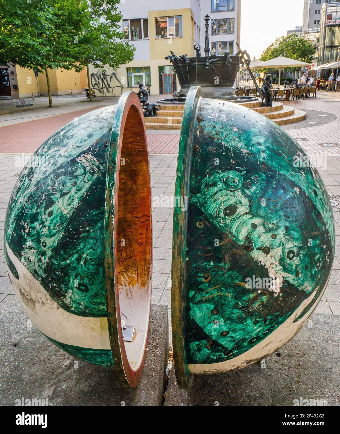 Magdeburg hemispheres as public art installation in Leiterstraße Magdeburg, Saxony-Anhalt, Germany Stock Photo