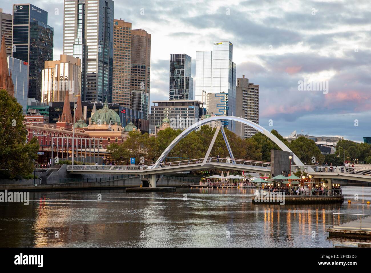 Melbourne city centre yarra river and evan walker bridge at sunset on an autumn day,skyline,Melbourne,Victoria,Australia Stock Photo