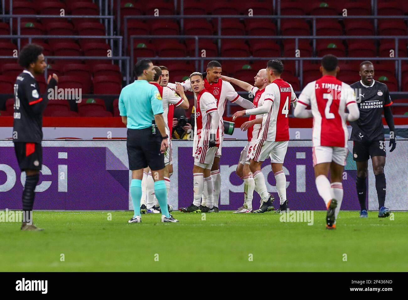 AMSTERDAM, NETHERLANDS - FEBRUARY 10: Sebastien Haller of Ajax celebrating his second goal during the Dutch KNVB Cup match between Ajax and PSV at Joh Stock Photo