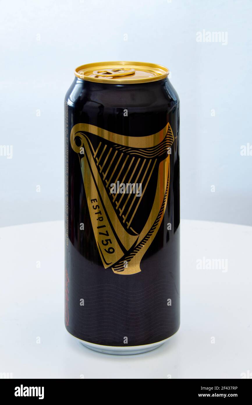 Calgary, Alberta, Canada. March 12, 2021. A Can of Guinness Beer draught nitrogen filled capsule that surges with bubbles when the ring pull is opened Stock Photo
