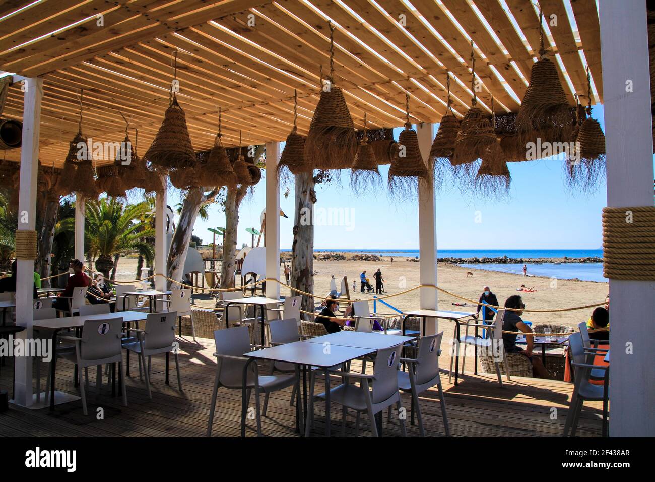 Alicante, Spain March 18, 2021 Beach bar Restaurant with empty