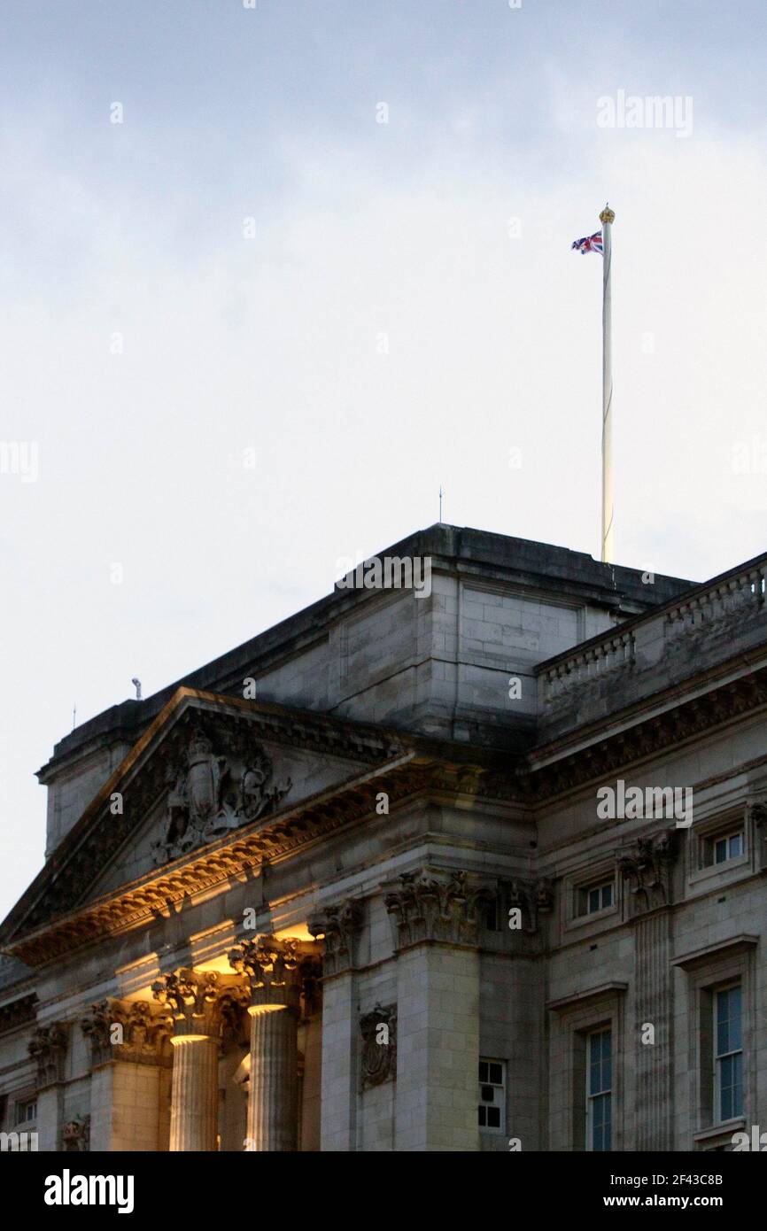 Buckingham Palace London England.evening time .the palace is still under refurbishment while everyone is at Windsor castle and prince Philip in the king Edward hospital  13/3/20121 blitz pictures Stock Photo