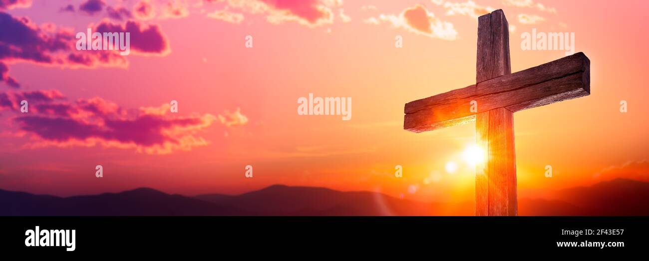 Wooden Cross At Sunrise With Mountain Landscape Crucifixion And Resurrection Of Jesus Christ