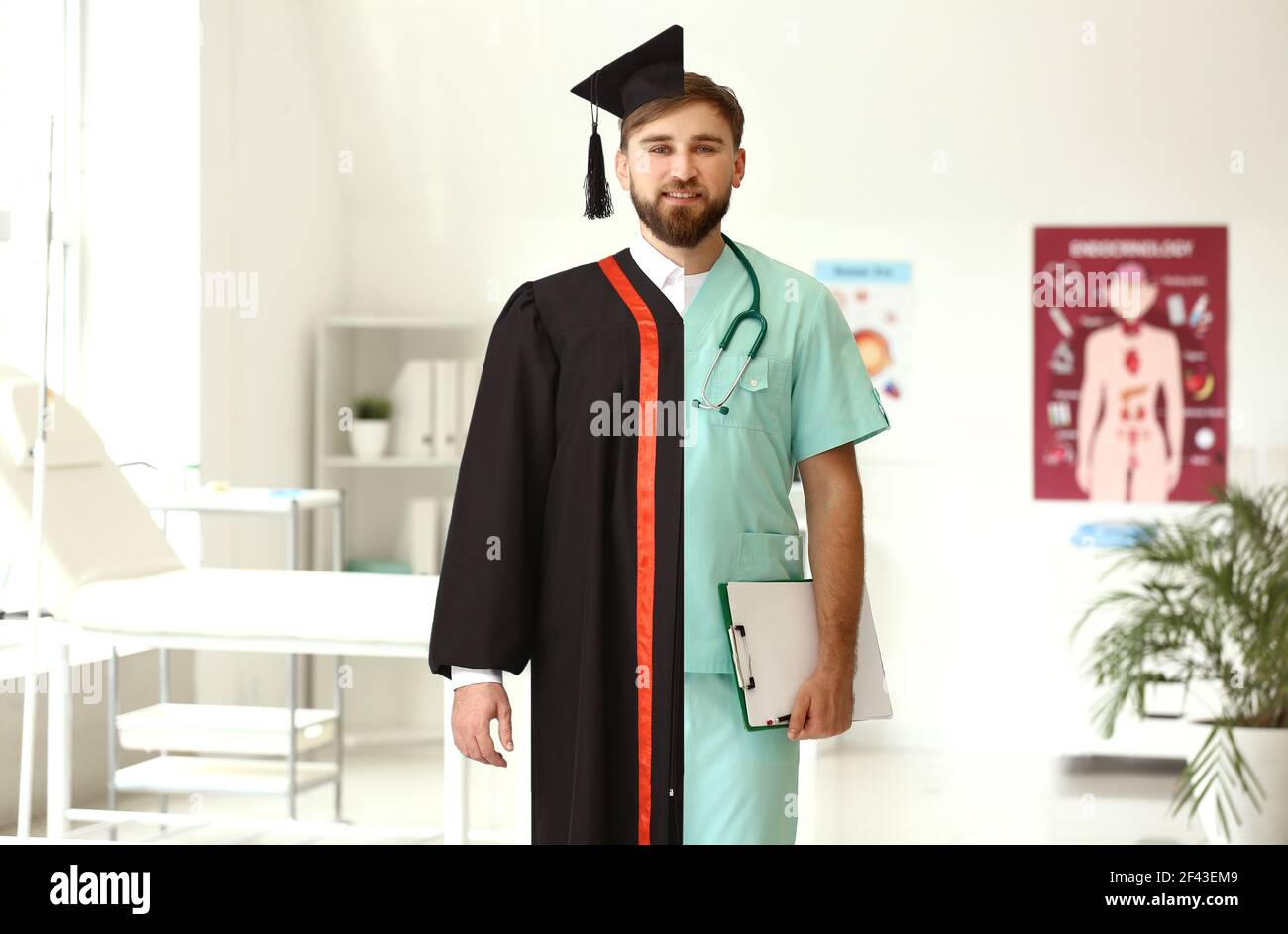 Comparison portrait of young man in bachelor robe and uniform of doctor ...