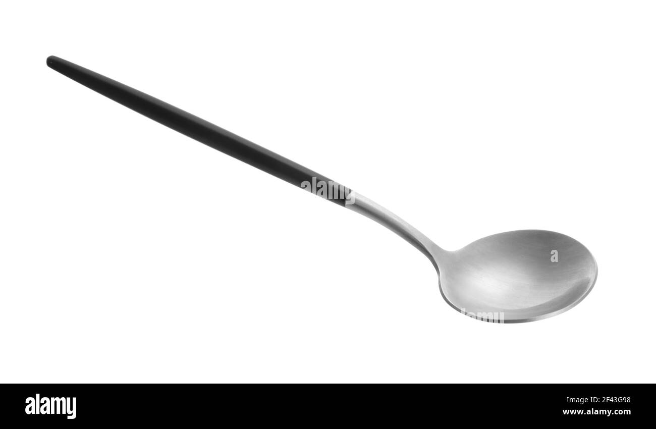 Clean spoon with black handle on white background Stock Photo Alamy