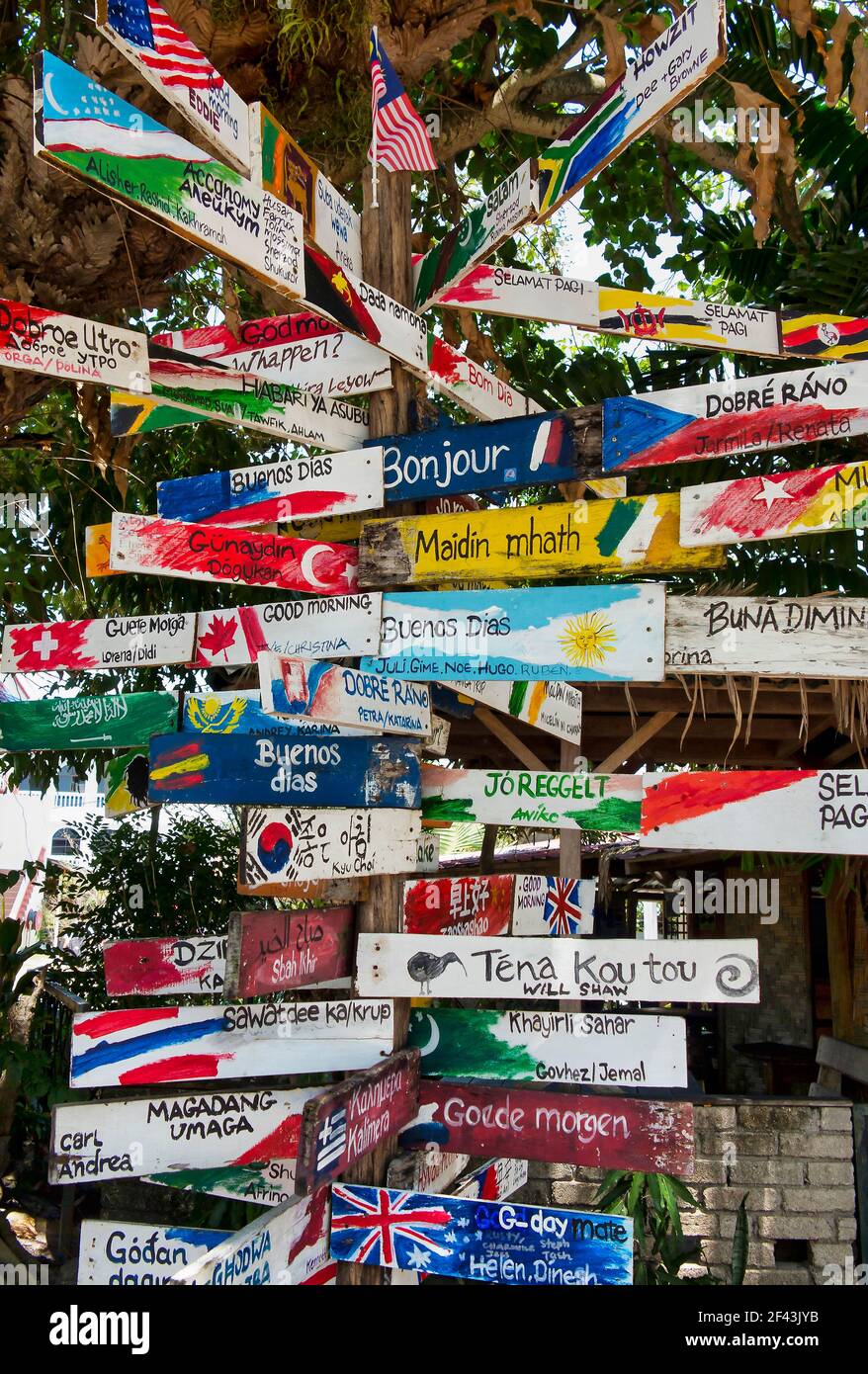 Direction signs pointing to many cities and countries around the world