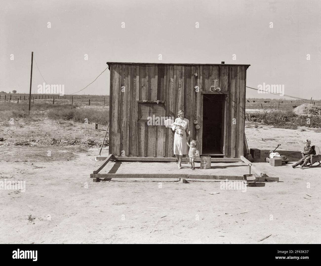 Home of rural rehabilitation client, Tulare County, California. They bought twenty acres of raw unimproved land with a first payment of fifty dollars which was money saved out of relief budget (August 1936). They received a Farm Security Administration (FSA) loan of seven hundred dollars for stock and equipment. Now they have a one-room shack, seven cows, three sows, and homemade pumping plant, along with ten acres of improved permanent pasture. Cream check approximately thirty dollars per month. Husband also works about ten days a month outside the farm. Photograph by Dorothea Lange. Stock Photo