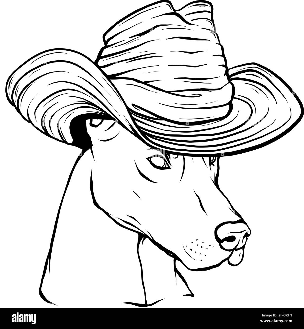 draw in black and white of head Dobermann dog with hat vector illustration Stock Vector