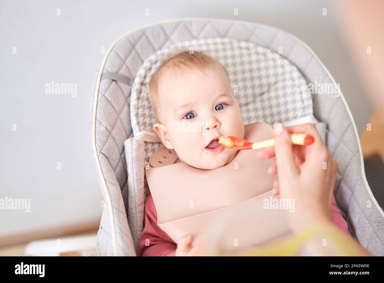 Young mother feeding her baby daughter with fruit puree. The baby is 7 months old, lying in a special high chair for babies. Stock Photo