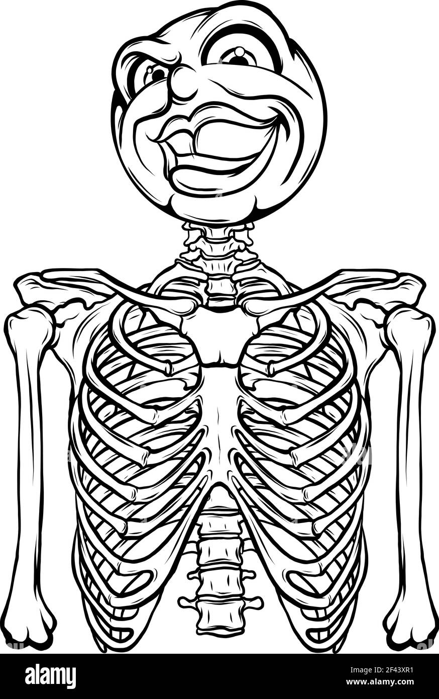 draw in black and white of Cartoon skeleton with face head vector Stock Vector