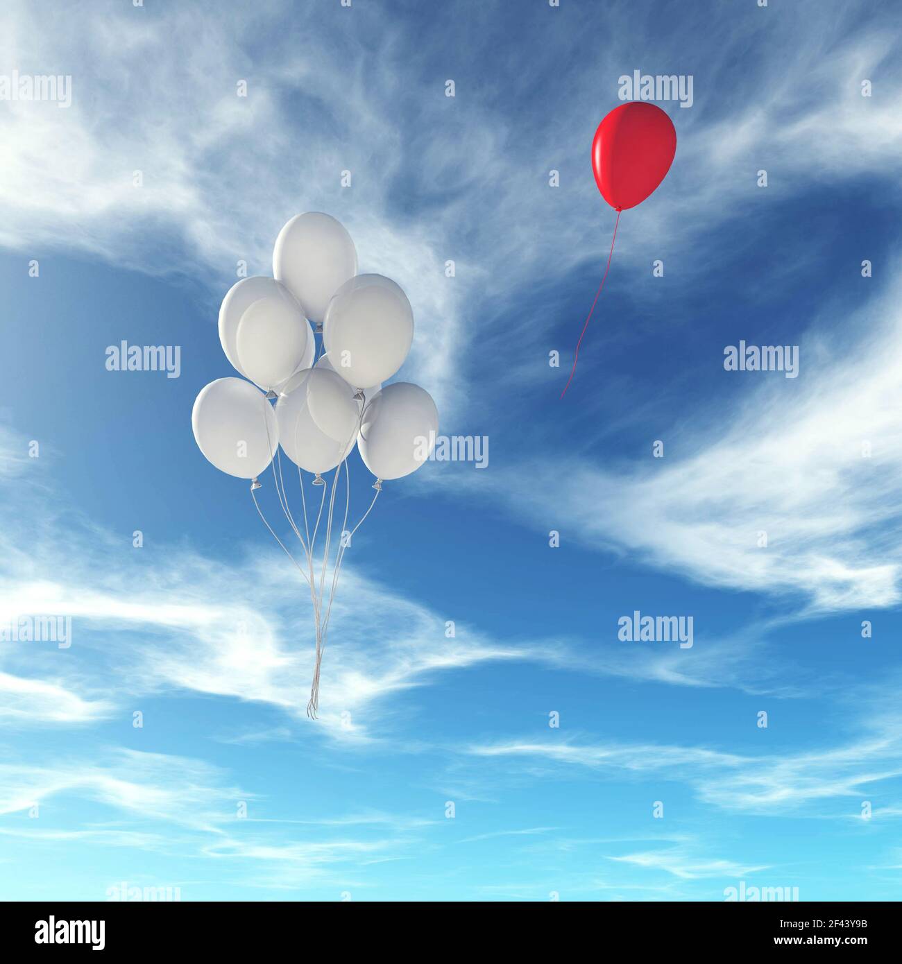 Red balloon flying away from a group of white balloons in the sky . Stand  out in the crowd and be different concept . This is a 3d render  illustration Stock Photo - Alamy