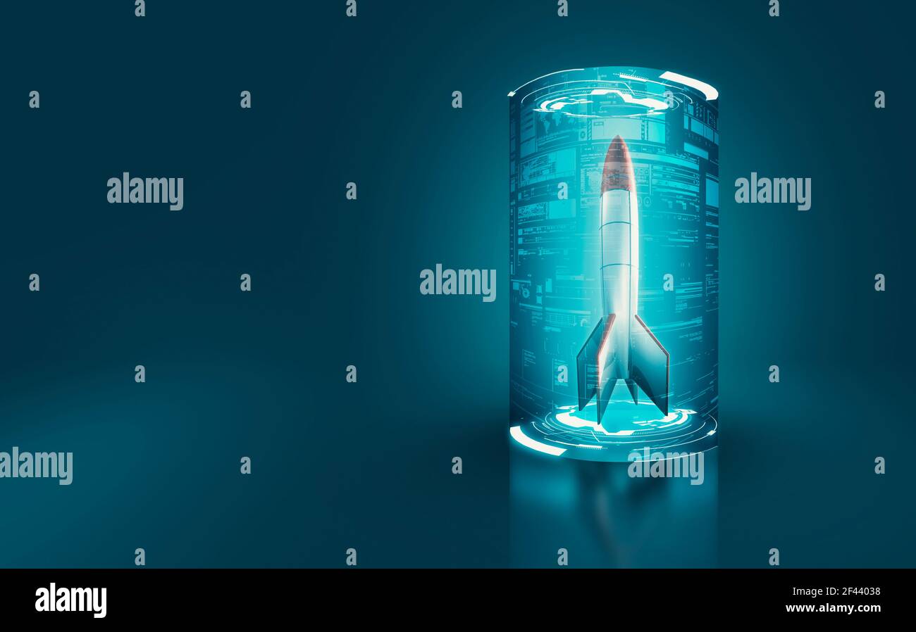 Rocket missle inside a futuristic cylinder with data and information on screens . Start up launch concept . This is a 3d render illustration Stock Photo