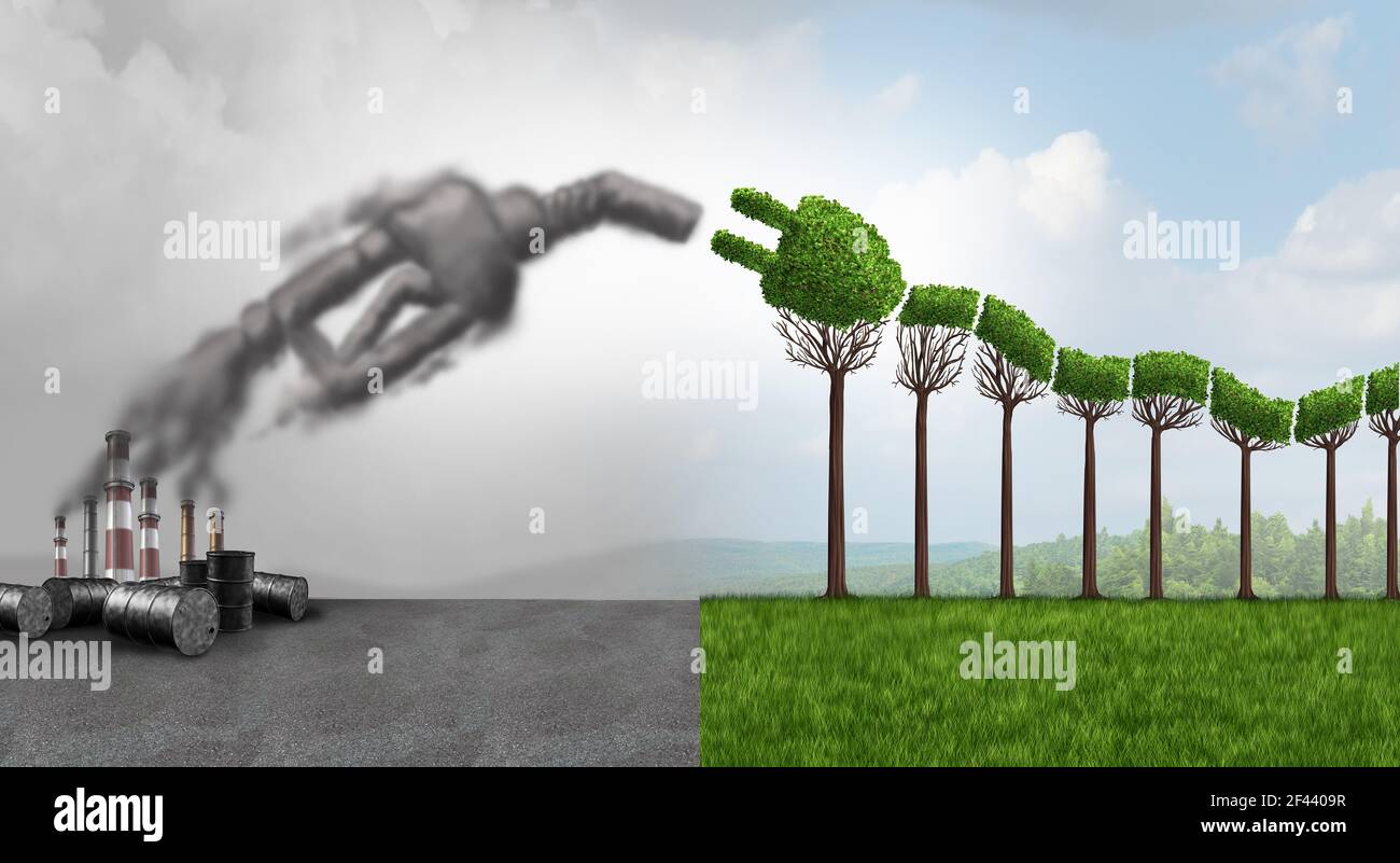 Gas nozzle and Green electric car idea or EV or renewable vehicle eco energy to save the environment with a plant and leaves shaped. Stock Photo