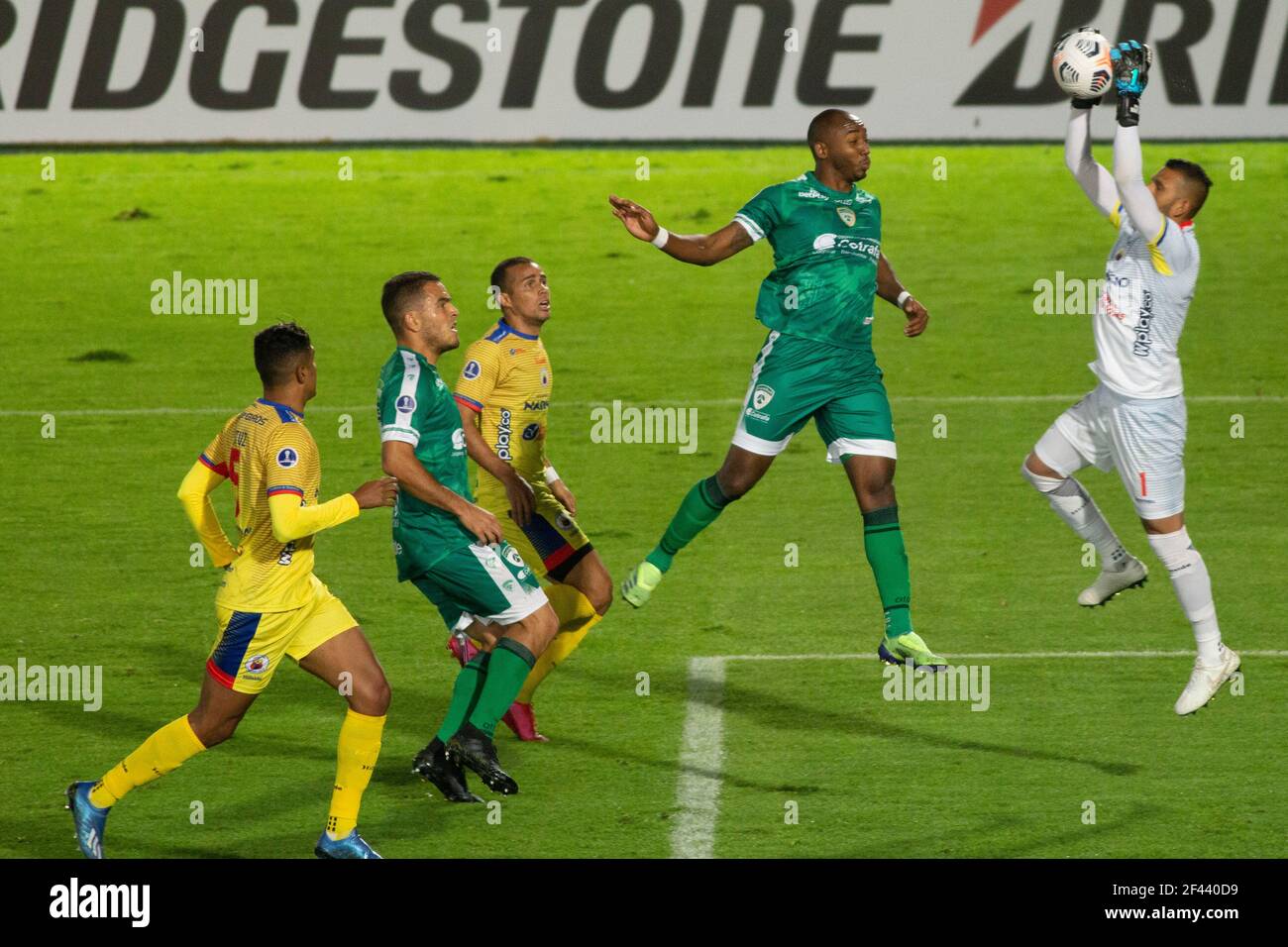 Bogota, Colombia, March 18, 2021: The goalkeeper Diego Martinez of Deportivo Pasto defends the attack of La Equidad players during the first leg match as part of the 2021 CONMEBOL South American Cup between La Equidad FC and Deportivo Pasto of Colombia played at the El CampÃ-n stadium in the city of BogotÃ Credit: Daniel Garzon Herazo/ZUMA Wire/Alamy Live News Stock Photo