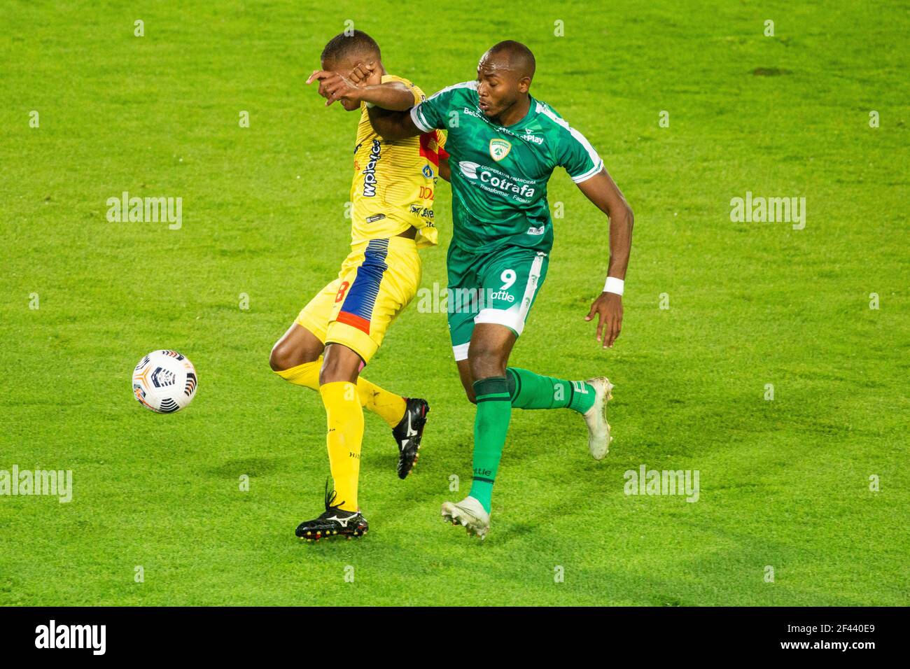 Bogota, Colombia, March 18, 2021: Diego Herazo from Equidad FC disputes the ball with Almir Soto from Deportivo Pasto during the first leg match as part of the 2021 CONMEBOL South American Cup between La Equidad FC and Deportivo Pasto from Colombia played at the El CampÃ-n stadium in the city of BogotÃ Credit: Daniel Garzon Herazo/ZUMA Wire/Alamy Live News Stock Photo