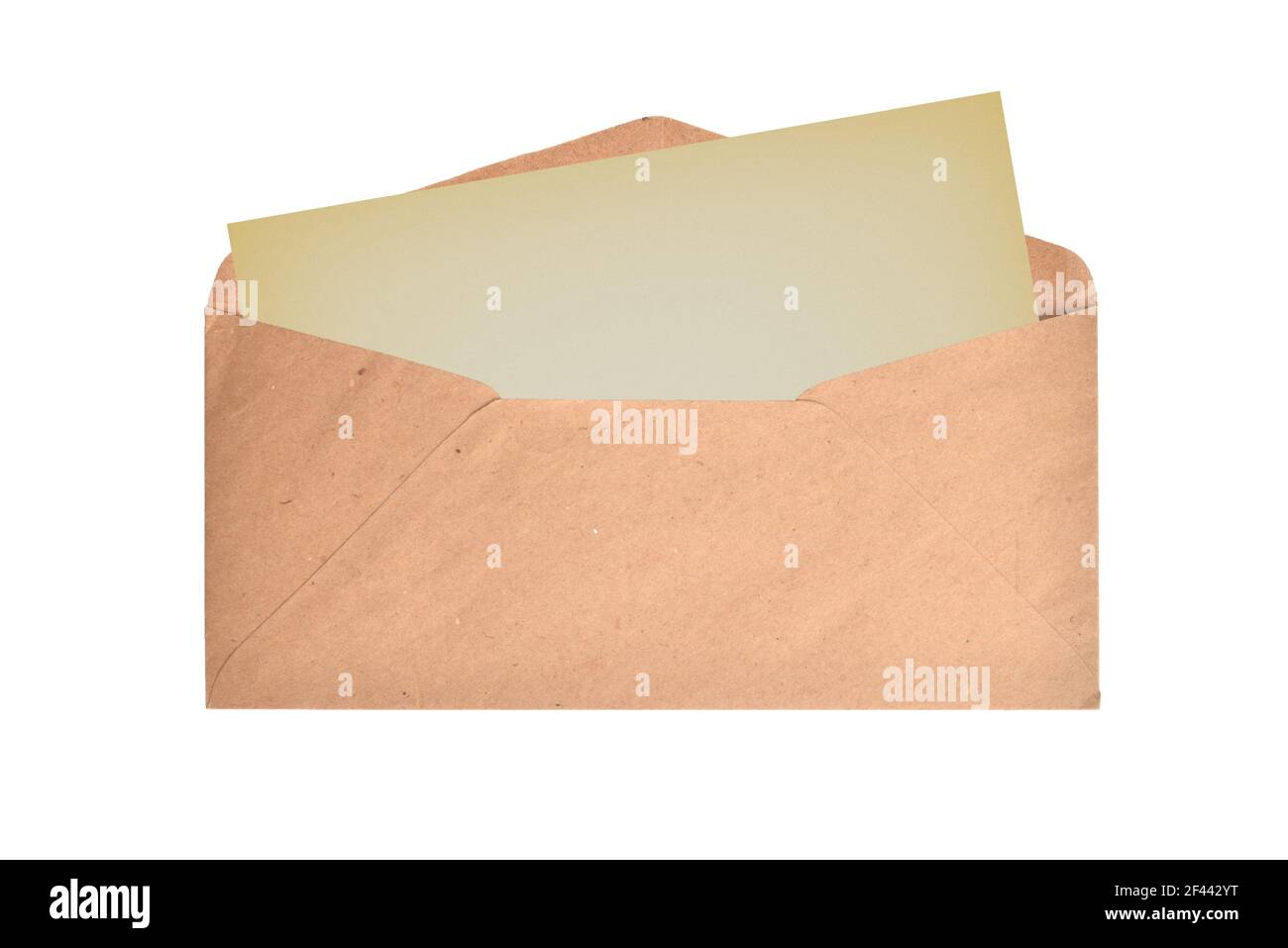 Brown envelope with blank card on a white background. Flat lay. Top view. Stock Photo