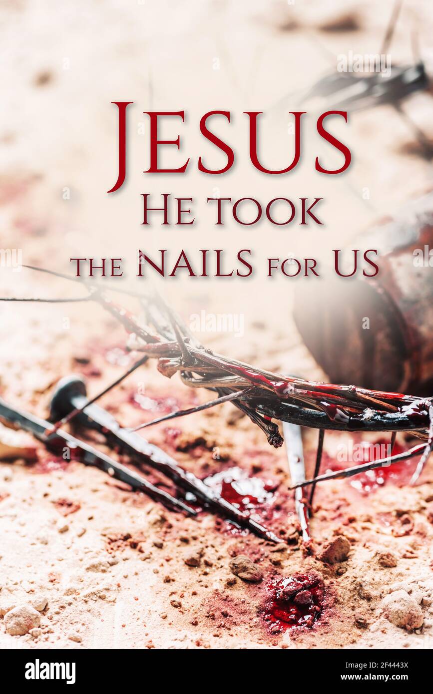 Good Friday, Passion of Jesus Christ. Crown of thorns, hammer, bloody