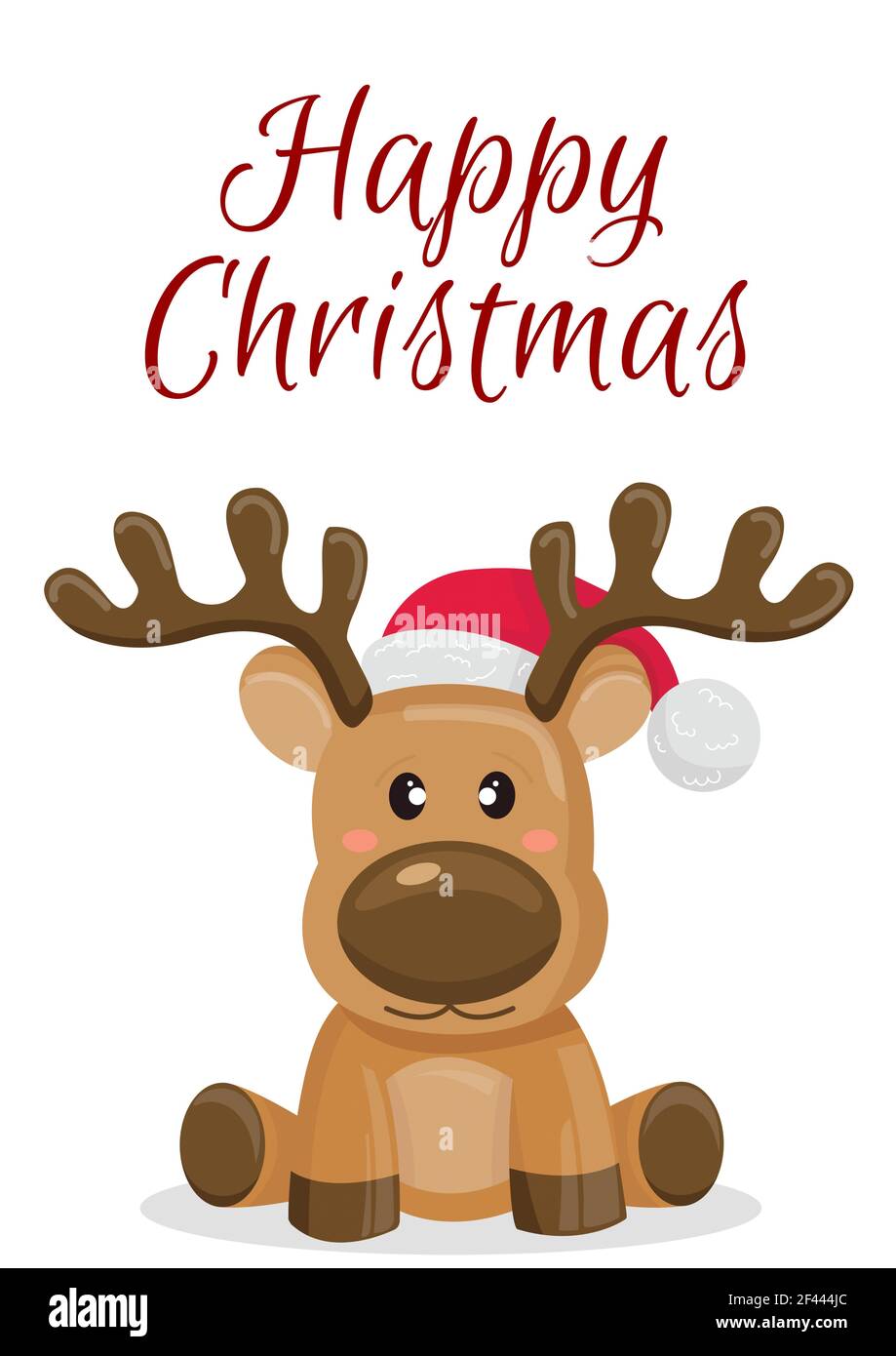 Digitally generated image of happy christmas text over baby reindeer wearing santa hat Stock Photo