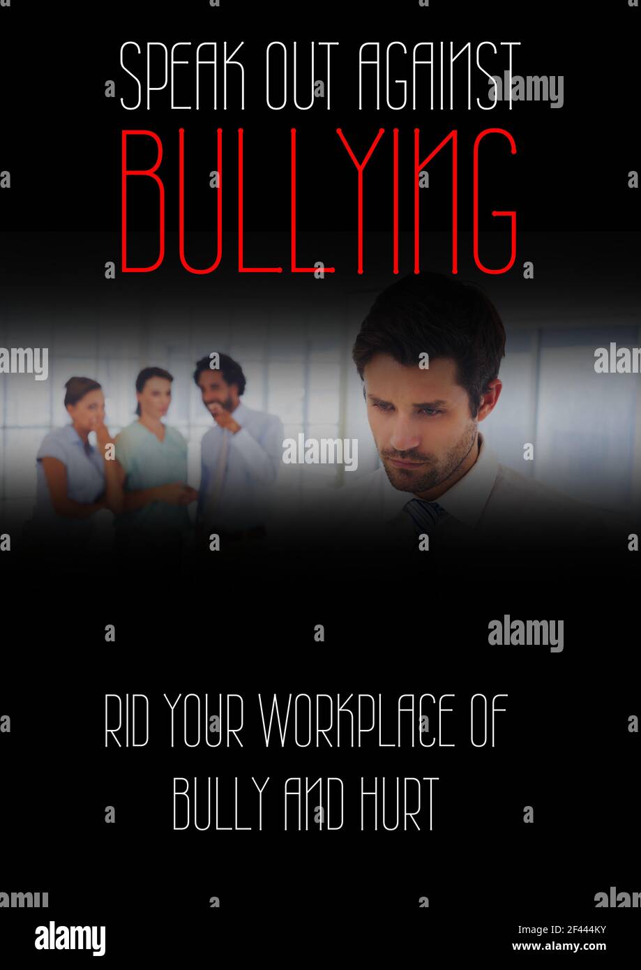 Speak out against bullying text against office colleagues bullying a man at office Stock Photo