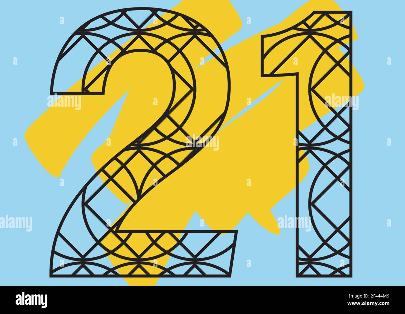 Digitally generated image of 21 number against yellow brush paint stroke on blue background Stock Photo