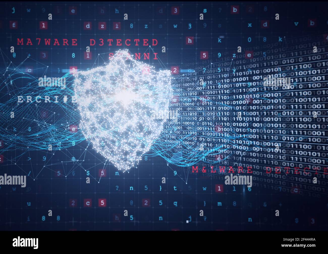 Composition of binary coding and cyber attack warning text over online security shield Stock Photo