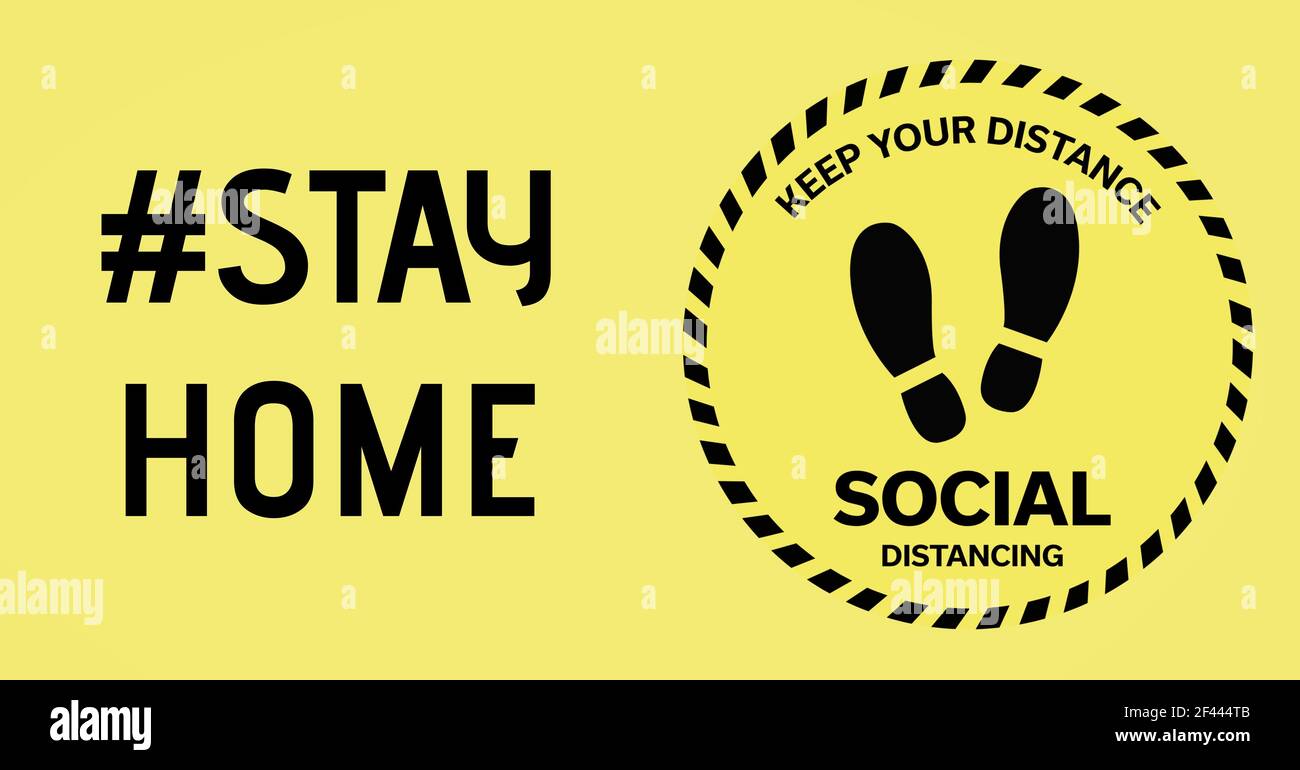 Illustration of stay home text and social distancing sign on yellow background Stock Photo
