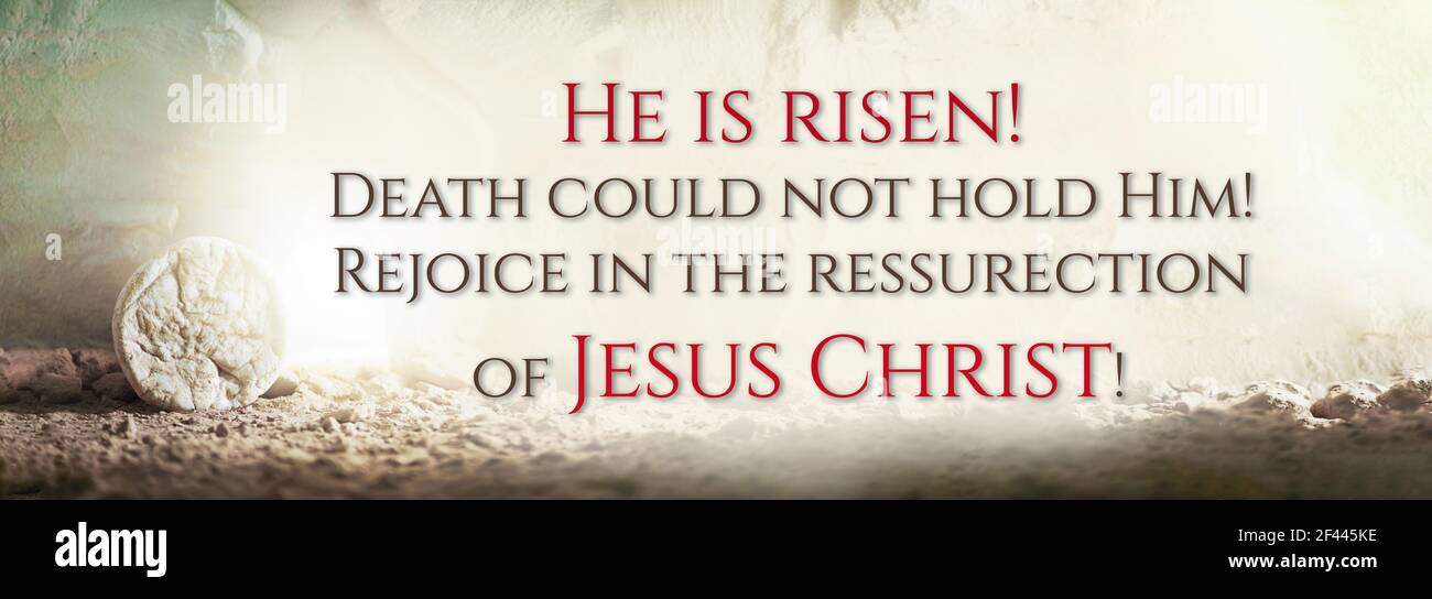 Stone is rolled away from empty grave on Easter morning. Jesus Christ