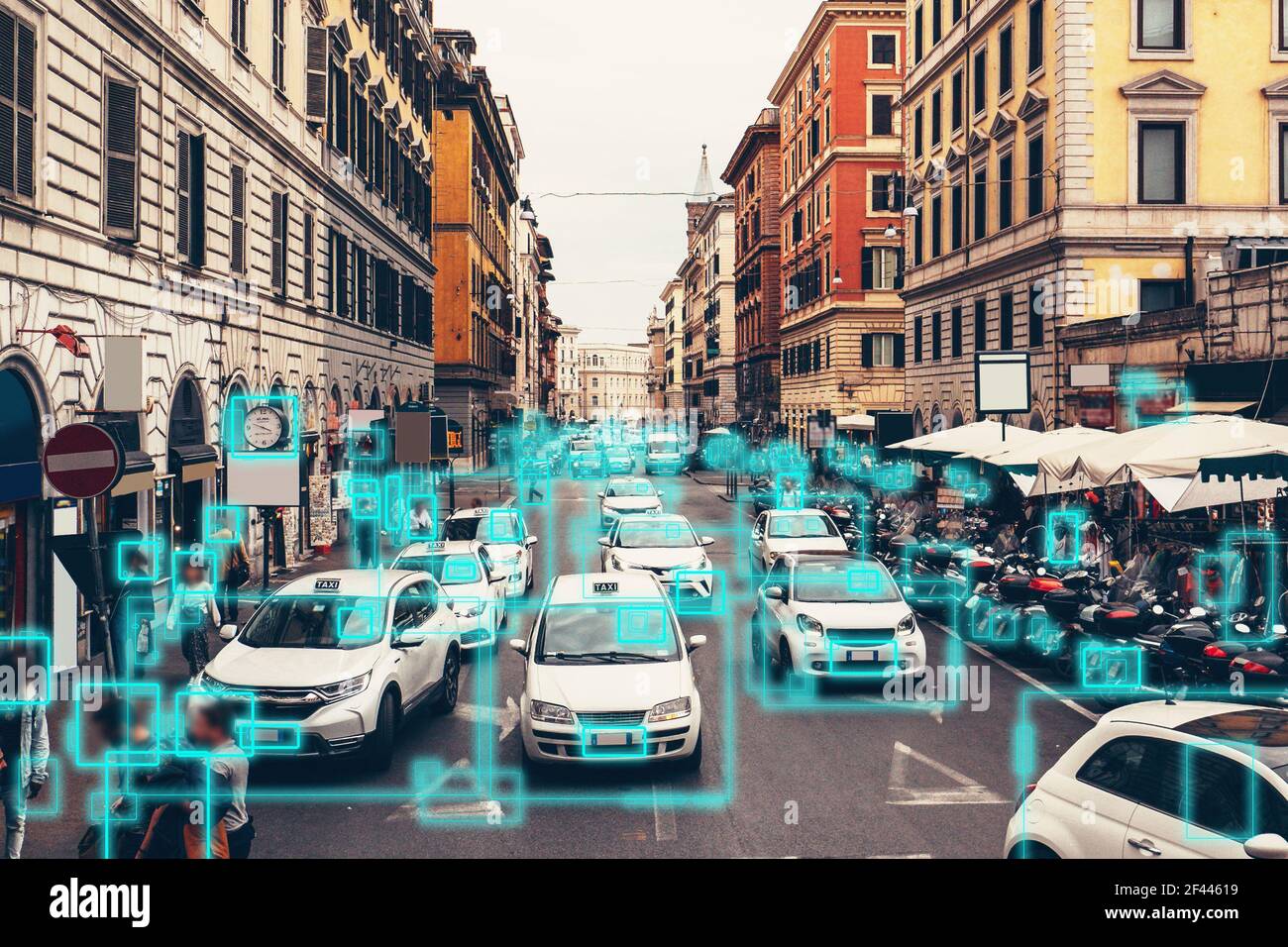Detection and recognition of cars and faces of people. AI analyze BIG DATA. Artificial intelligence AI concept as technology for safe city in future. Stock Photo