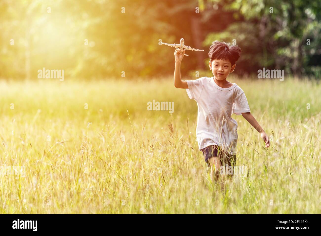 Cute Asian child playing airplane in the park outdoors Happy Asian boy holding a plane runs in a meadow with sunset. Stock Photo