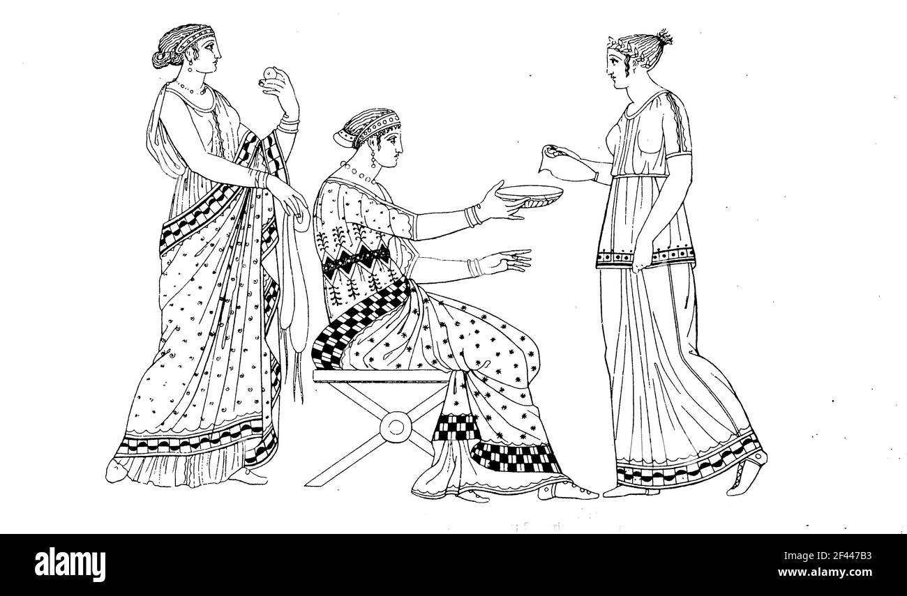 ancient greece. Lady in colorful clothes with Chiton and Himation, servant, after a vase painting, History of fashion, costume story  /  Altgriechenland. Dame in bunter Kleidung mit Chiton und Himation, Dienerin, nach einem Vasenbild, Modegeschichte, Historisch, historical, digital improved reproduction of an original from the 19th century / digitale Reproduktion einer Originalvorlage aus dem 19. Jahrhundert, Stock Photo