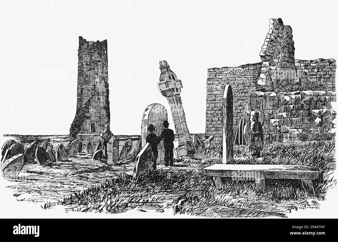 A 19th Century illustration of visitors to Clonmacnoise, a monastery in County Offaly, Ireland founded on the River Shannon in 544 by St. Ciarán. It became a centre of culture growth until Ireland's move from a monastic framework to a diocesan one in the twelfth century diminished the site's religious standing. In 1552 the English garrison at Athlone destroyed and looted Clonmacnoise for the final time, leaving it in ruins. Stock Photo