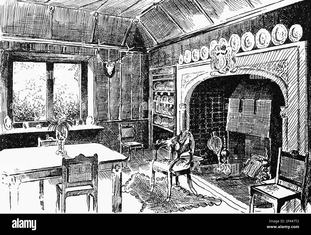 A 19th Century sketch a room in Ross Castle, a 15th-century tower house and keep on the edge of Lough Leane, in Killarney National Park, County Kerry, Ireland. The ancestral home of the Chiefs of the Clan O'Donoghue it was amongst the last to surrender to Oliver Cromwell's Roundheads during the Irish Confederate Wars. The castle became a military barracks, which remained so until early in the 19th century, after which in fell into ruin. Stock Photo