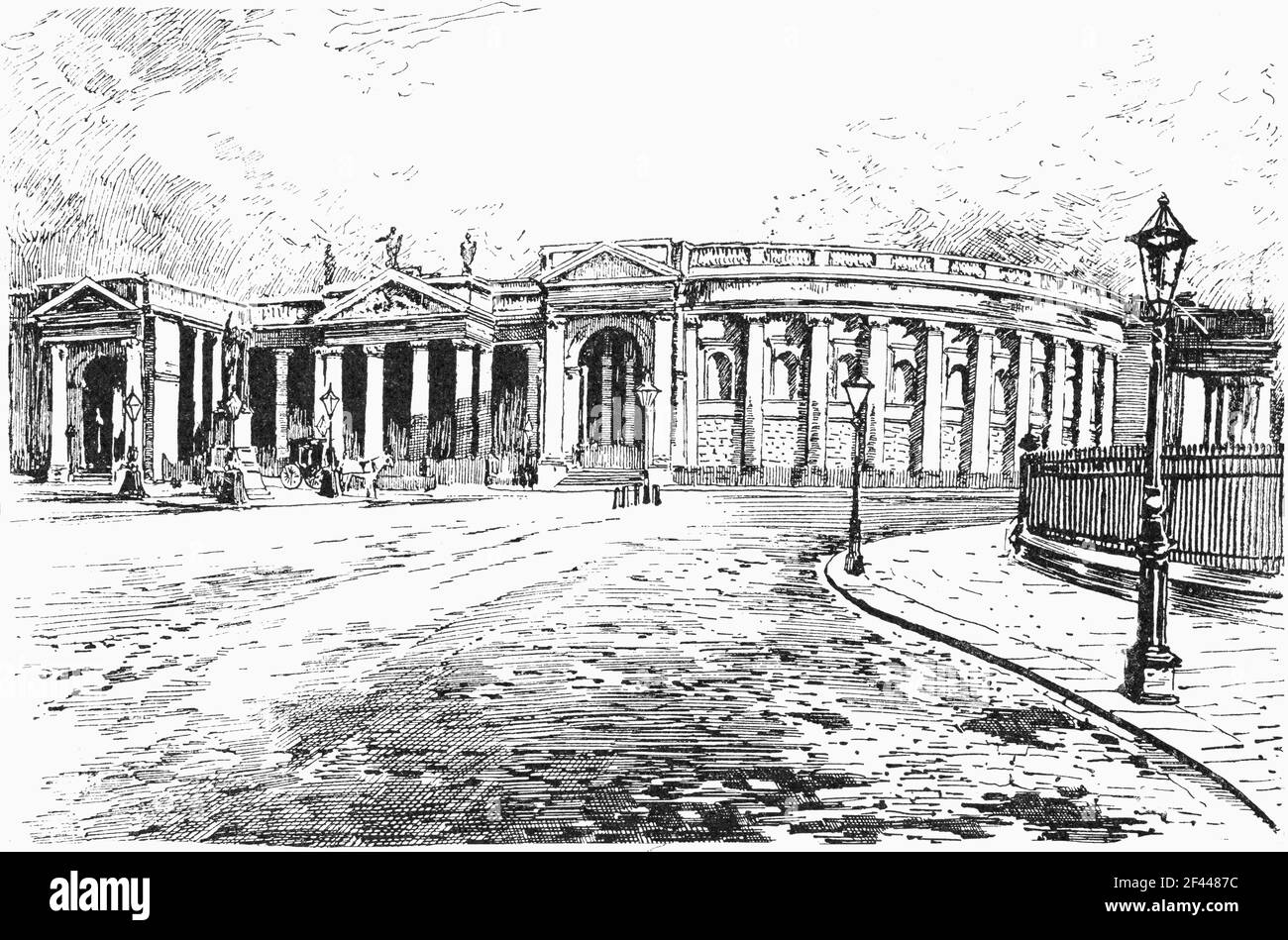 19th Century illustration of the Bank of Ireland Building on the corner of College Green, Dublin, Ireland, built in 1729 was originally Ireland’s Parliament Building. Designed by Edward Lovett Pearce, it served the chambers for the Lords and for the Commons for the Irish Parliament of ‘The Kingdom of Ireland’ for most of the 1700s until the 1801 Act of Union shifted power back to London. The  building was sold to the Bank of Ireland under the condition that it should not be used for political assemblies. Stock Photo
