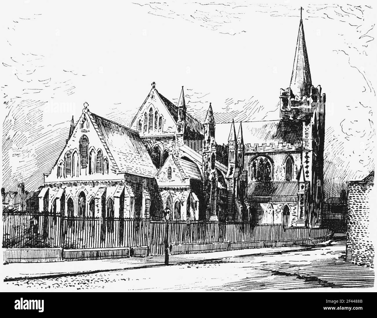 19th Century illustration of Saint Patrick's Cathedral in Dublin, from St Patrick's Close was founded in 1191 and throughout its long history has contributed much to Irish life, like Jonathan Swift, author of Gulliver's Travels, who was Dean of the cathedral from 1713 to 1745.  When the cathedral was was thought to be in imminent danger of collapse, major reconstruction, paid for by Benjamin Guinness, took place in 1860–65. The failure to preserve records of the rebuild means little is known how much of the current building is genuinely mediæval and how much is Victorian pastiche. Stock Photo